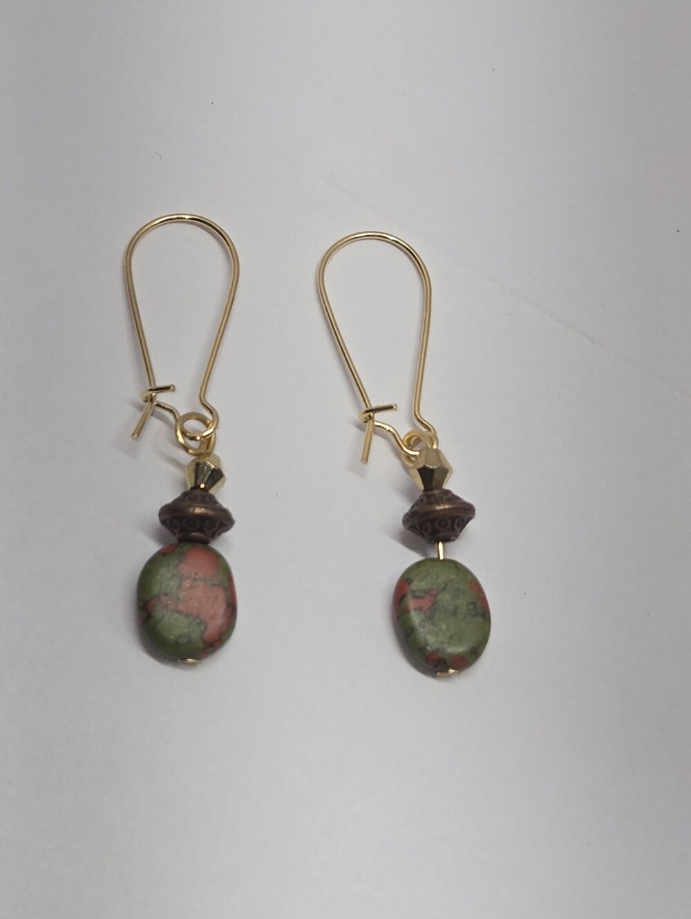 Gold-Tone Earrings with Green and Pink Unakite Jasper Drops